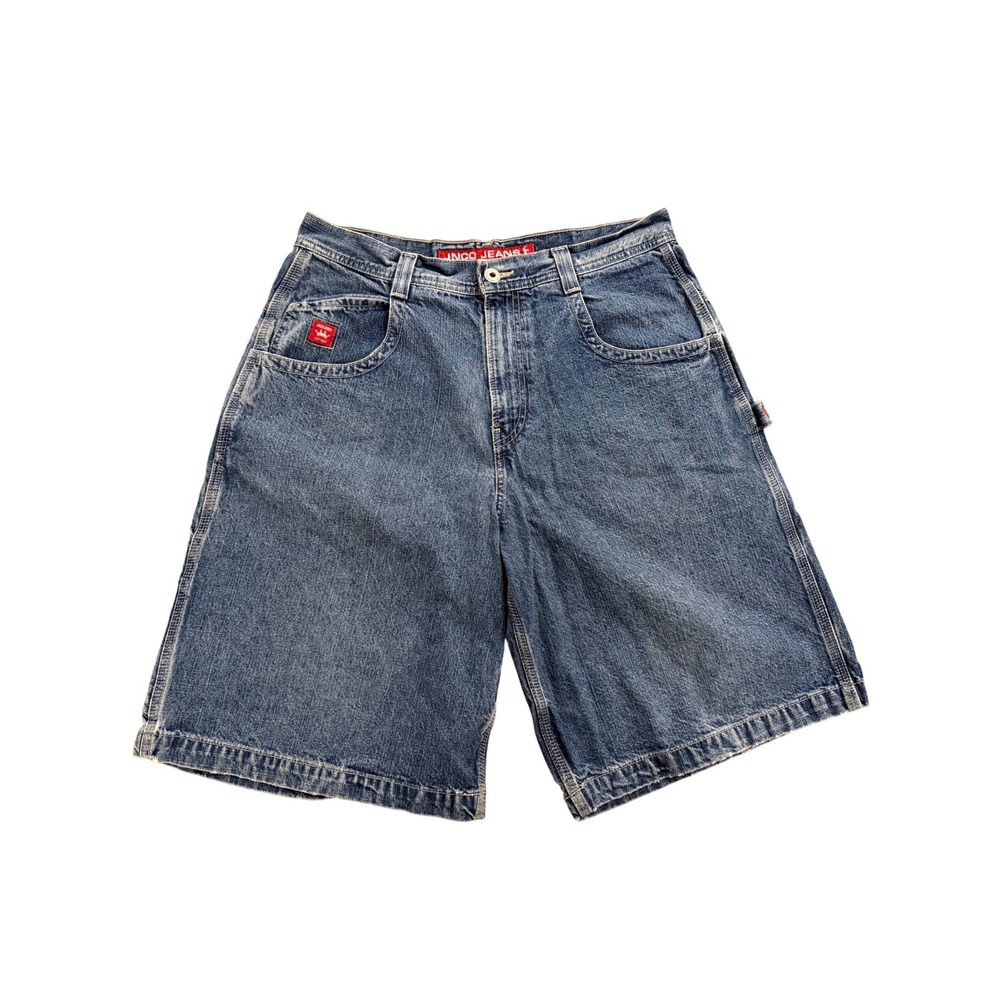 JNCO Jeans Carpenter Shorts Mens Blue Good Vintage 90s Red Crown Embroidered 34